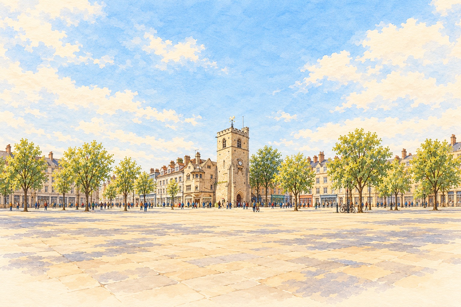 Artist's impression of Carfax Tower and Oxford shopfronts, with the setting simplified