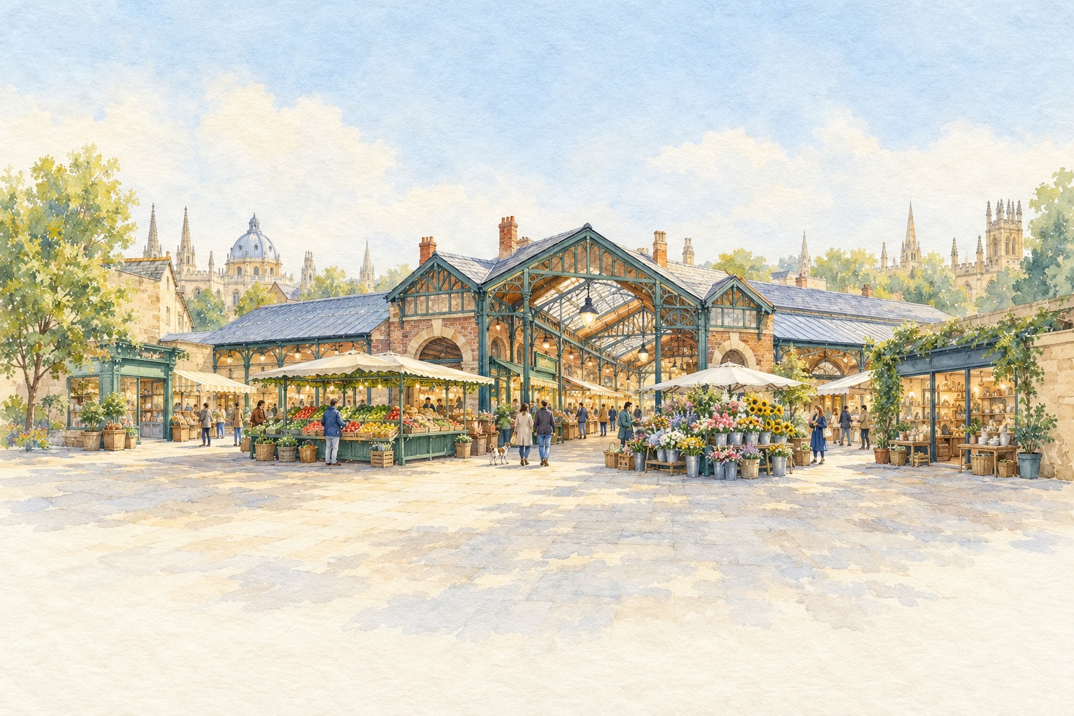 Representative Oxford market-inspired shopping scene; the architecture is an artistic interpretation