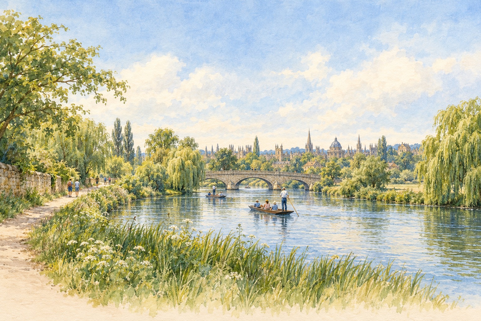Representative watercolour of an Oxford riverside walk and punts; not a mapped route